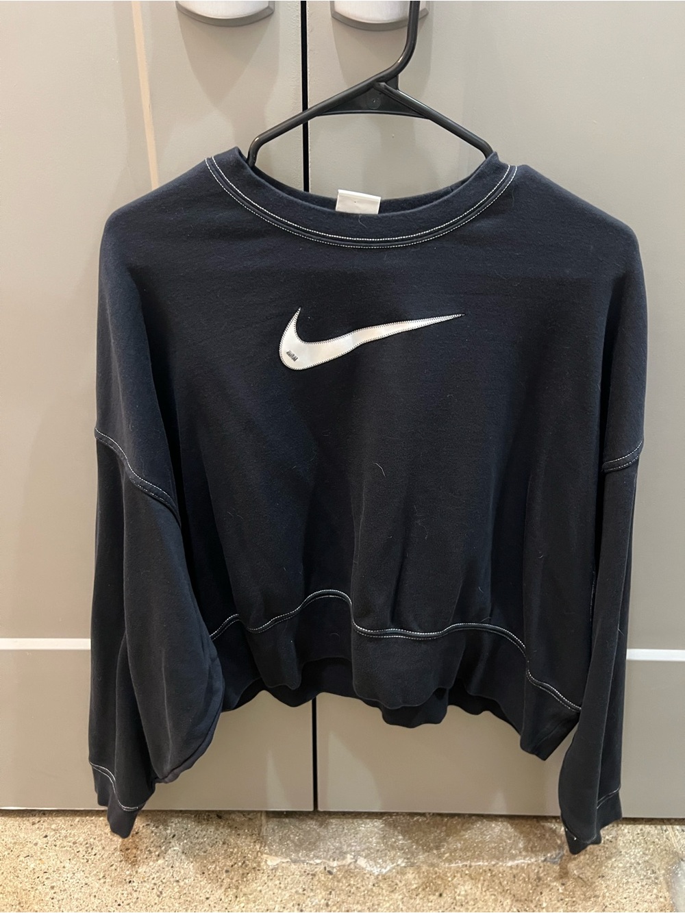 Nike Black Cropped Crew Sweatshirt with White Swoosh